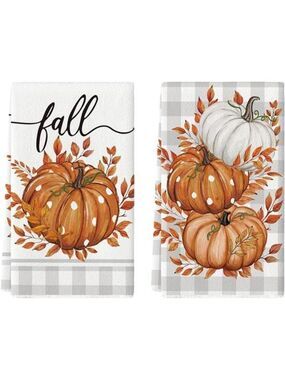 Orange Buffalo Plaid Fall Kitchen Towels Set of 2 Pumpkin Leaves Hand Dish Towel